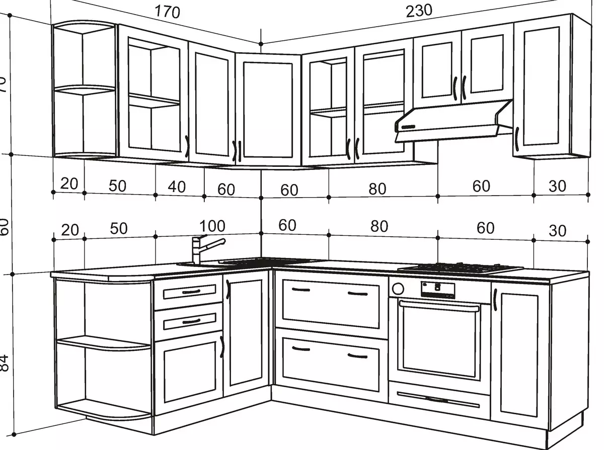 Μέγεθος ντουλάπια κουζίνας (41 φωτογραφίες): Σχέδια τυποποιημένων ντουλαπιών για κουζίνα, πρότυπα προσόψεων και τοποθετημένα θυρίδες, μεγέθη άνω και κατώτερου ακουστικού ντουλαπιών, ύψος συρταριών 9387_7