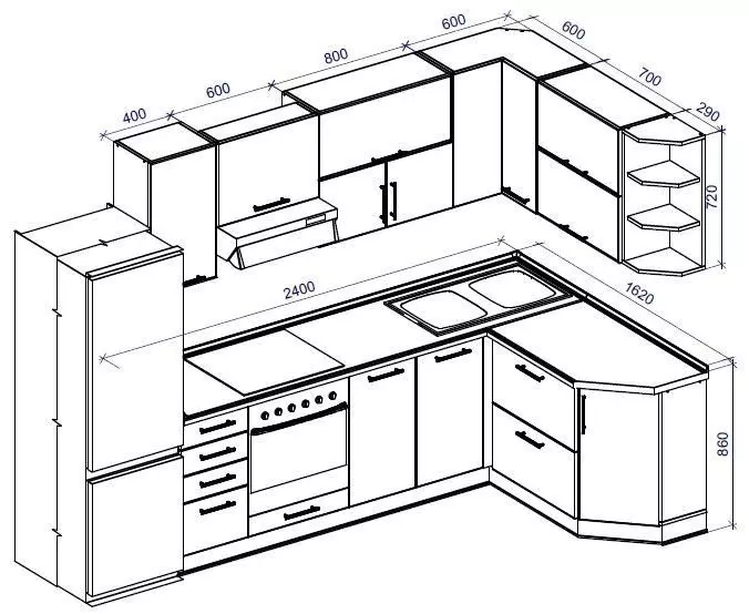 Величина кухињских ормара (41 фотографија): цртежи стандардних ормара за кухињу, стандарде фасада и монтираних ормарића, величине слушалица горњег и доњег ормара, висина фиока 9387_9