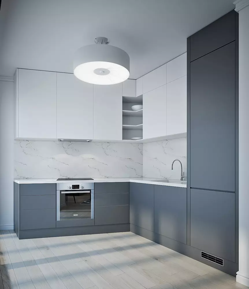 Hvitgrå kjøkken (81 bilder): Kjøkkenhodetelefoner i hvite og grå toner i interiøret. Design av hvite vegger med grå matt eller glanset hodeplagg 9389_23