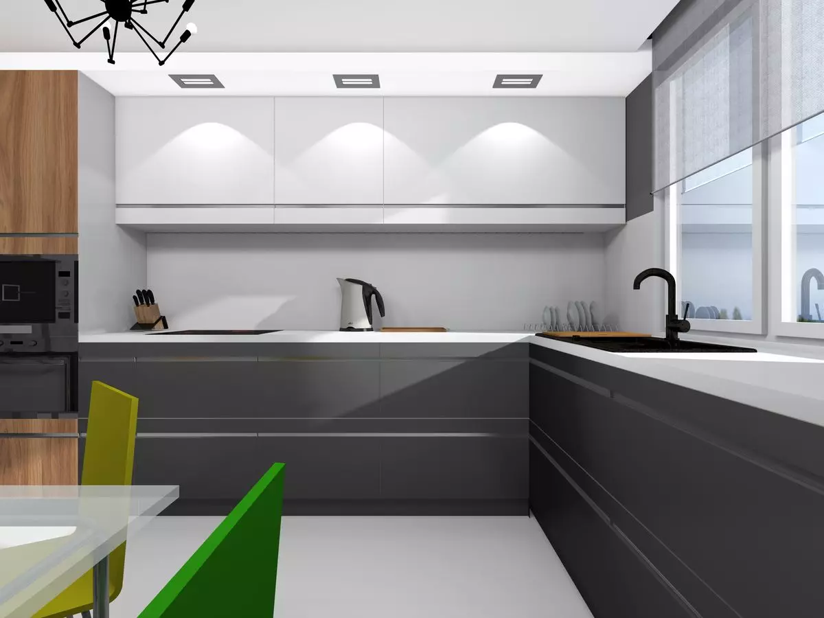 白灰厨房（81张照片）：内部的白色和灰色色调的厨房耳机。白色墙壁设计与灰色遮罩或光泽的耳机 9389_32