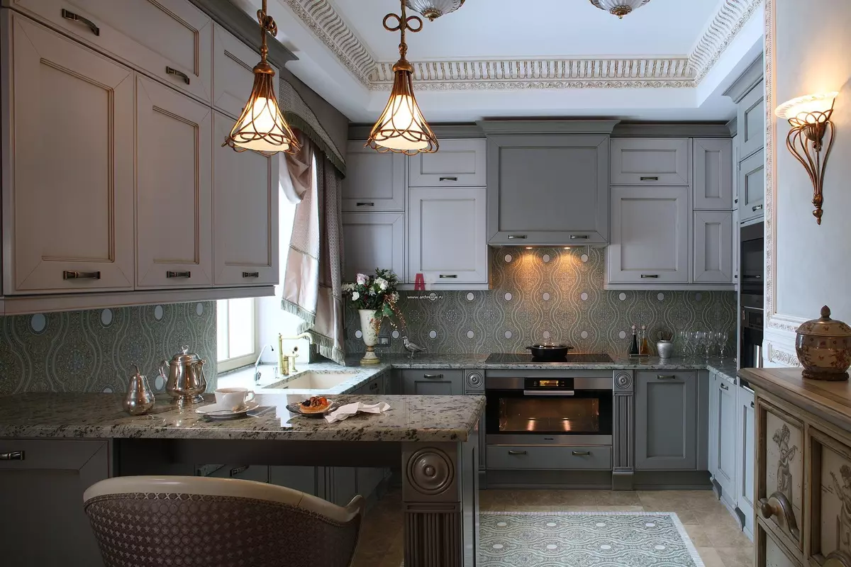 Cociñas grises brancas (81 fotos): auriculares de cociña en tons brancos e grises no interior. Deseño de paredes brancas con mate gris ou fariña brillante 9389_45