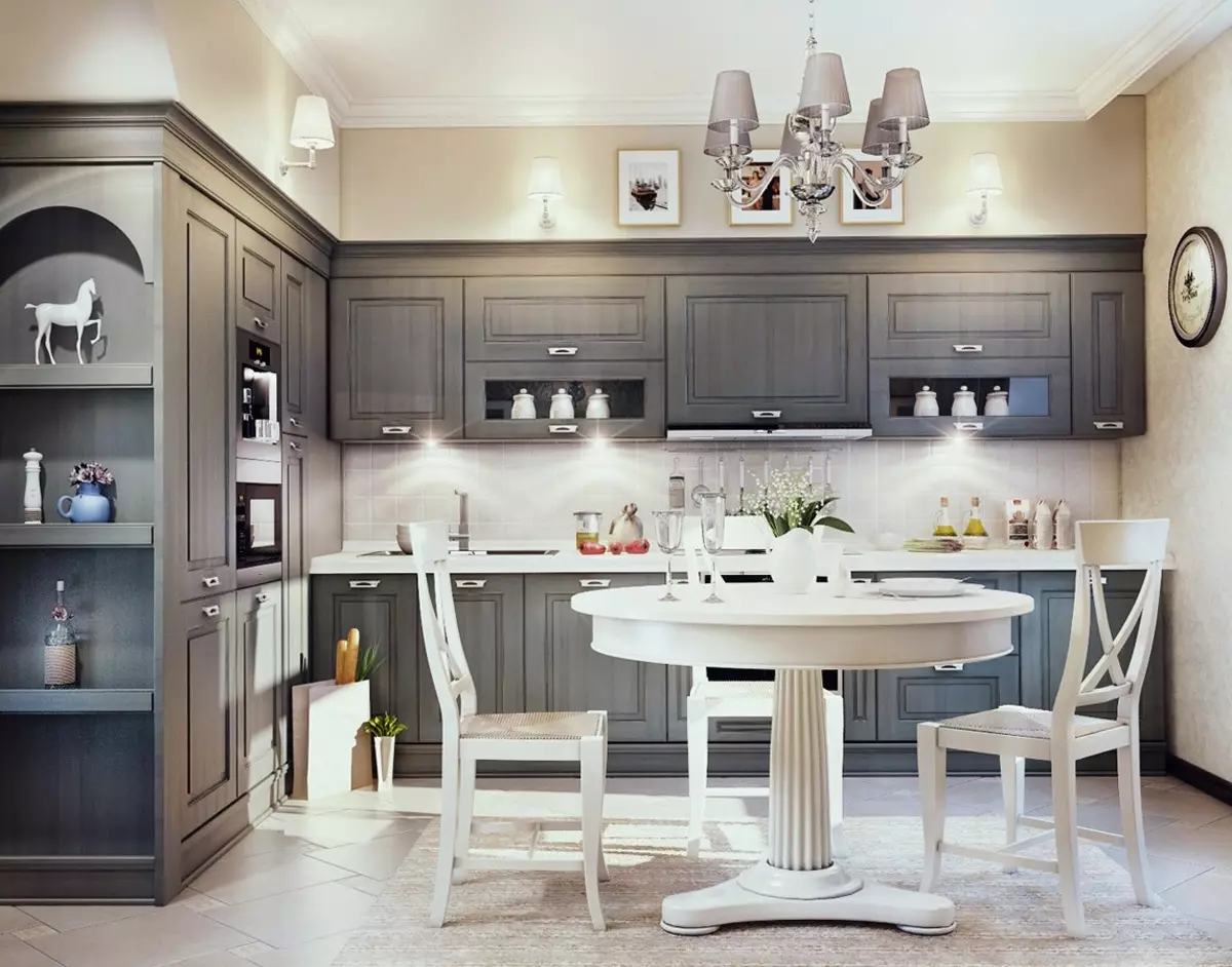 Cocinas de color gris blanco (81 fotos): Auriculares de cocina en tonos blancos y grises en el interior. Diseño de paredes blancas con cabeza gris mate o brillante. 9389_46