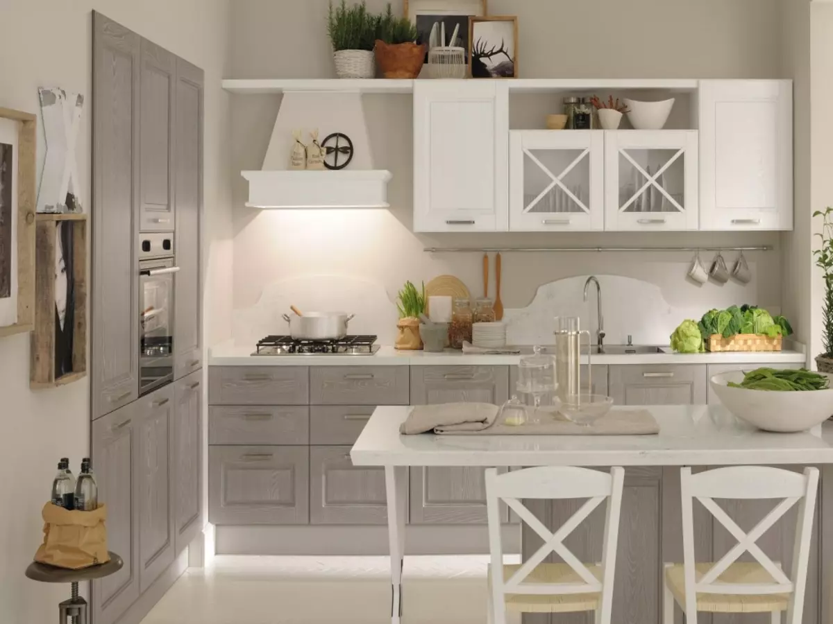 Cocinas de color gris blanco (81 fotos): Auriculares de cocina en tonos blancos y grises en el interior. Diseño de paredes blancas con cabeza gris mate o brillante. 9389_48