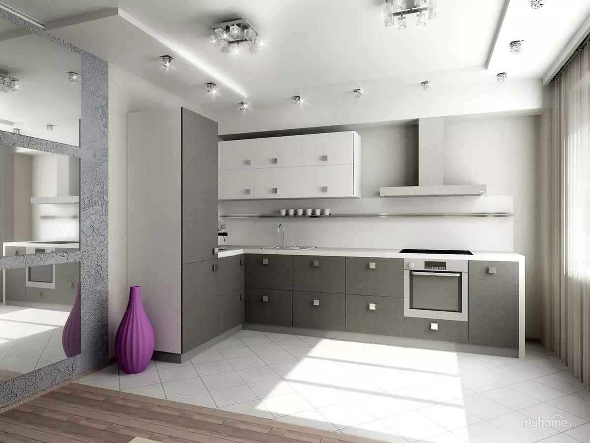 Kuzhina të bardha (81 foto): Headsets Kuzhina në tone të bardha dhe gri në të brendshme. Dizajnimi i mureve të bardha me çeka plastike gri ose me shkëlqim 9389_7