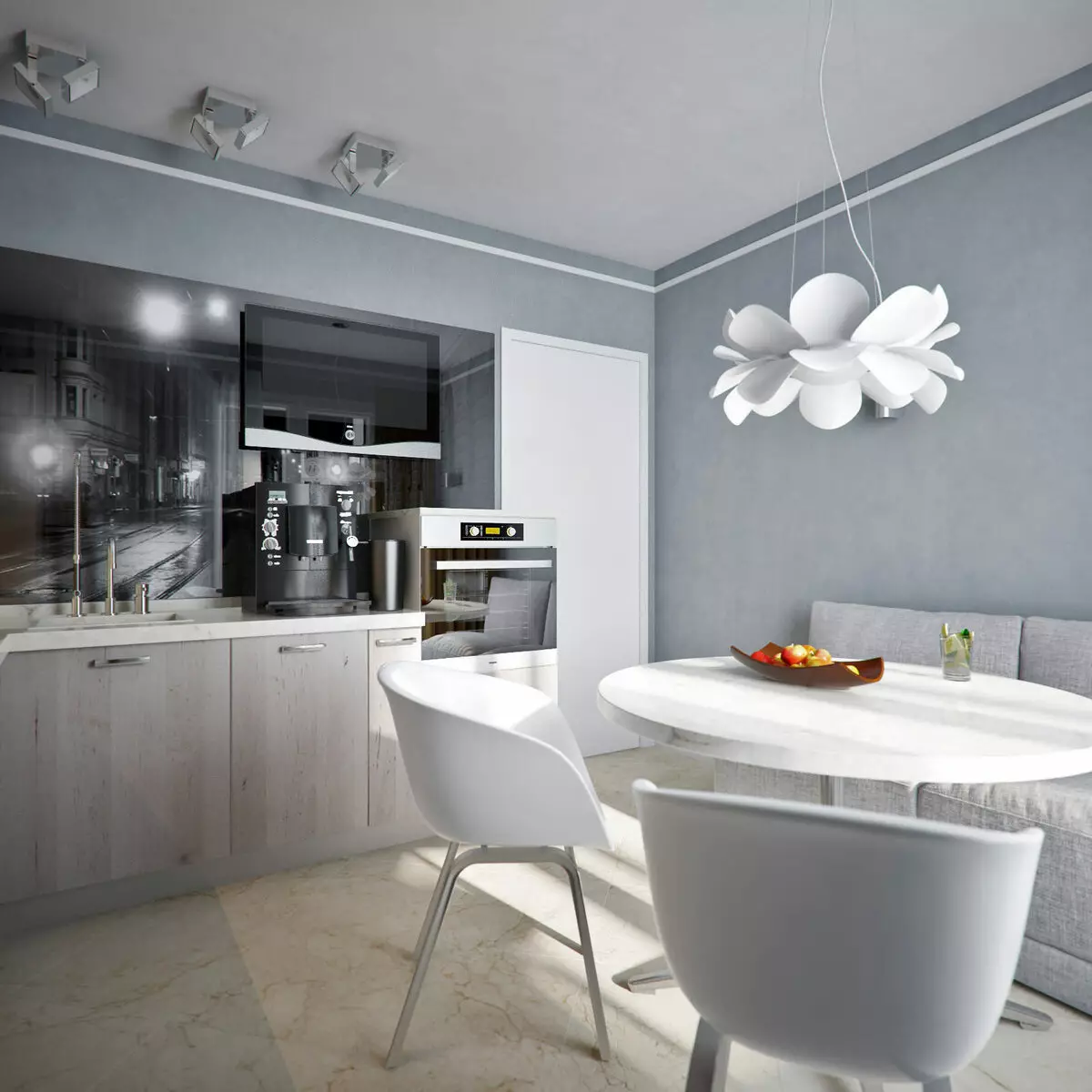Nhà bếp màu trắng xám (81 ảnh): Tai nghe nhà bếp bằng tông màu trắng và xám trong nội thất. Thiết kế các bức tường trắng với mũ màu xám hoặc vỏ bóng 9389_72