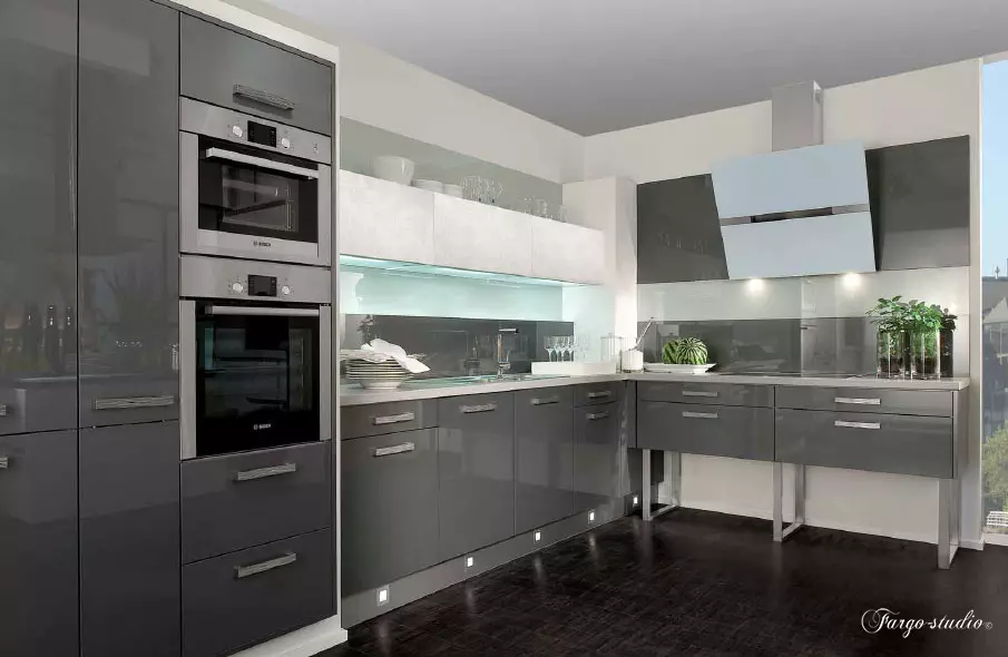 Cociñas grises brancas (81 fotos): auriculares de cociña en tons brancos e grises no interior. Deseño de paredes brancas con mate gris ou fariña brillante 9389_73