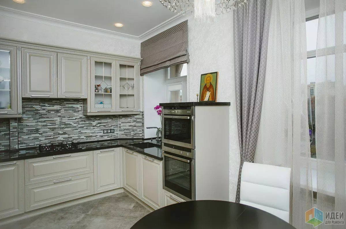 Nhà bếp màu trắng xám (81 ảnh): Tai nghe nhà bếp bằng tông màu trắng và xám trong nội thất. Thiết kế các bức tường trắng với mũ màu xám hoặc vỏ bóng 9389_8