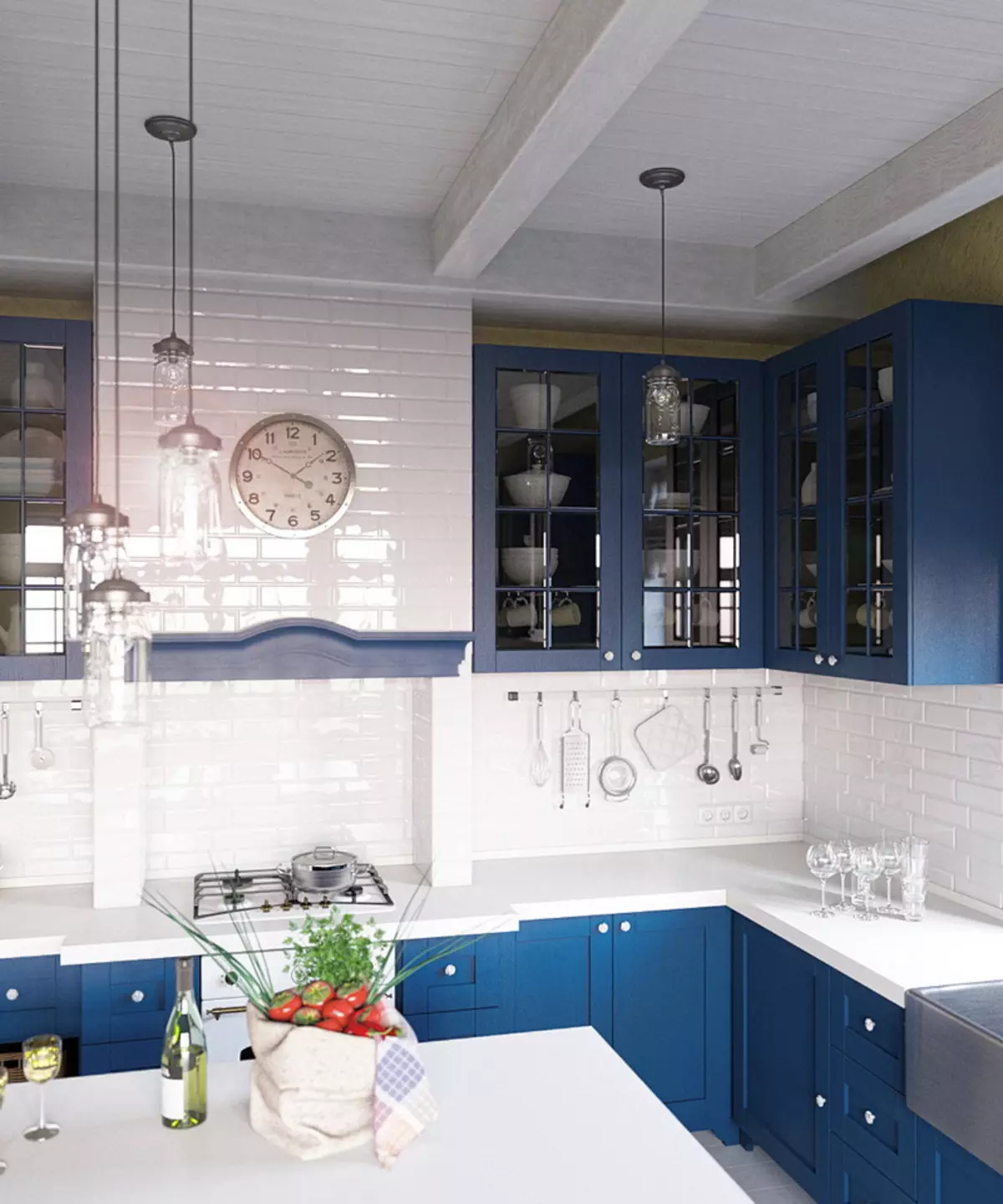 Baltā zilā virtuve (64 fotoattēli): virtuves austiņu iezīmes baltā zilā krāsā virtuves interjera dizainam, akcentiem uz sienām līdzīgām krāsām 9393_26