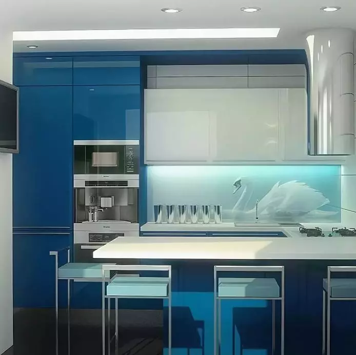 Baltā zilā virtuve (64 fotoattēli): virtuves austiņu iezīmes baltā zilā krāsā virtuves interjera dizainam, akcentiem uz sienām līdzīgām krāsām 9393_36