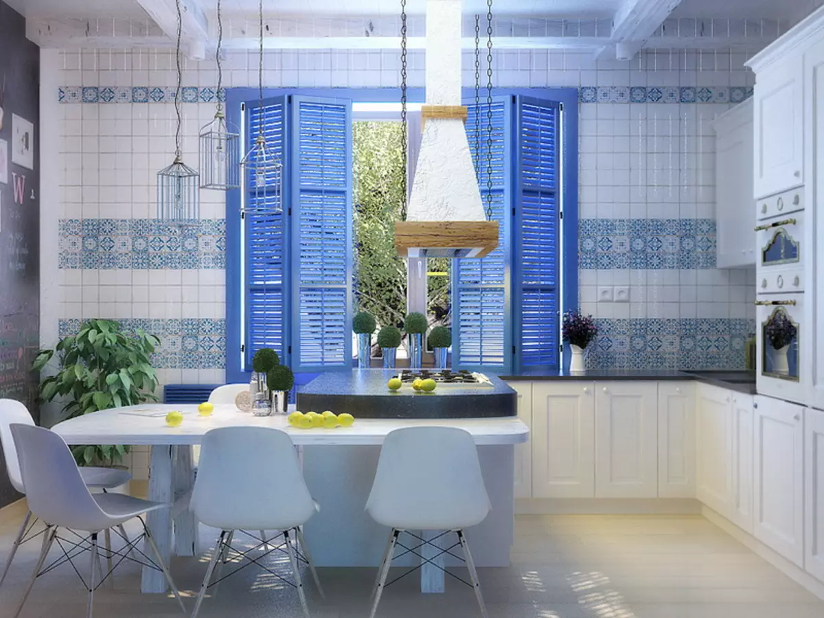 Baltā zilā virtuve (64 fotoattēli): virtuves austiņu iezīmes baltā zilā krāsā virtuves interjera dizainam, akcentiem uz sienām līdzīgām krāsām 9393_40