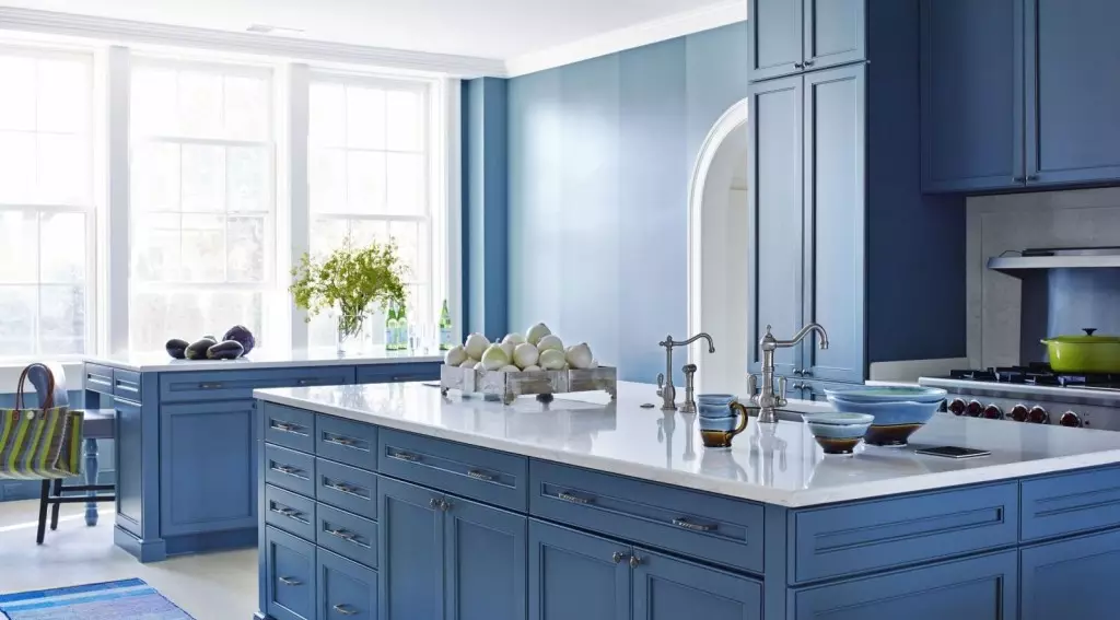 Kuzhina e bardhë-blu (64 foto): Karakteristikat e kufjeve të kuzhinës në ngjyrë të bardhë blu për dizajnin e brendshëm të kuzhinës, theks në mure në ngjyra të ngjashme 9393_43