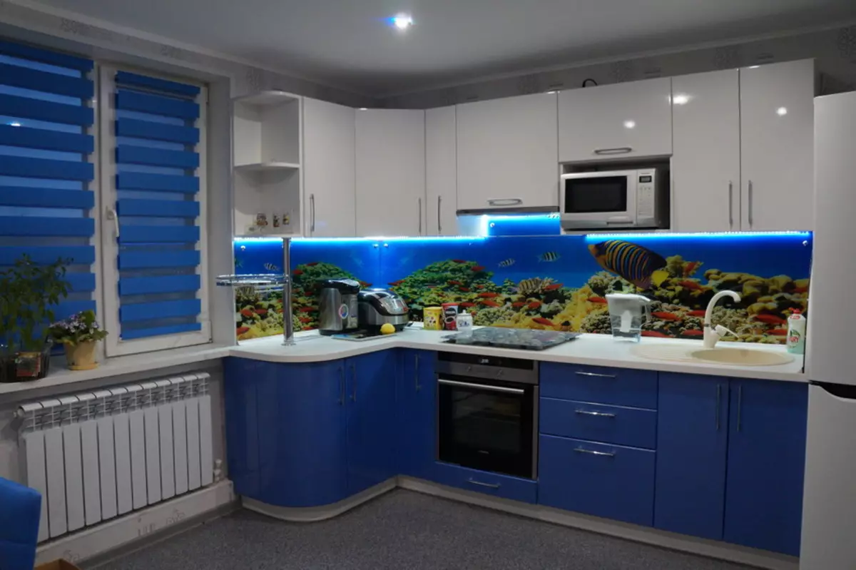 Baltā zilā virtuve (64 fotoattēli): virtuves austiņu iezīmes baltā zilā krāsā virtuves interjera dizainam, akcentiem uz sienām līdzīgām krāsām 9393_49