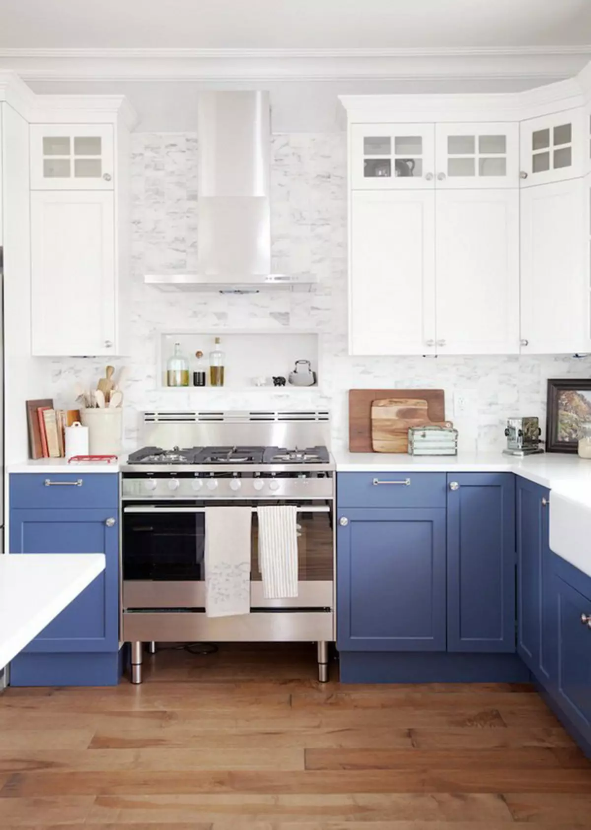 White-Blue kuhinja (64 fotografij): Značilnosti kuhinjske slušalke v beli modri barvi za kuhinjsko notranjo opremo, poudarki na stenah v podobnih barvah 9393_5