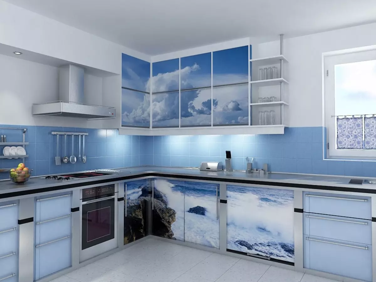 Baltā zilā virtuve (64 fotoattēli): virtuves austiņu iezīmes baltā zilā krāsā virtuves interjera dizainam, akcentiem uz sienām līdzīgām krāsām 9393_50
