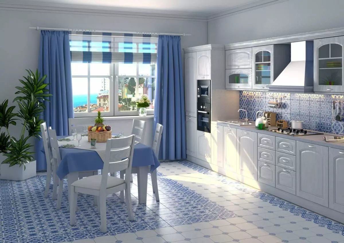 Baltā zilā virtuve (64 fotoattēli): virtuves austiņu iezīmes baltā zilā krāsā virtuves interjera dizainam, akcentiem uz sienām līdzīgām krāsām 9393_54