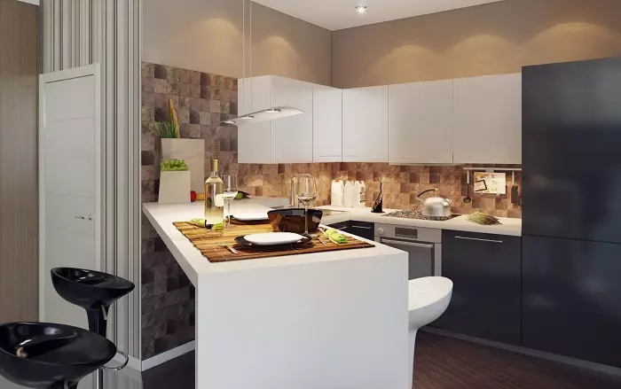 Virtuvės dizainas viename miegamojo apartamentuose (58 nuotraukos): atskiros virtuvės projektavimo parinktys Odnushka, paprastas virtuvės interjeras 1 kambariuose apartamentuose 9416_10