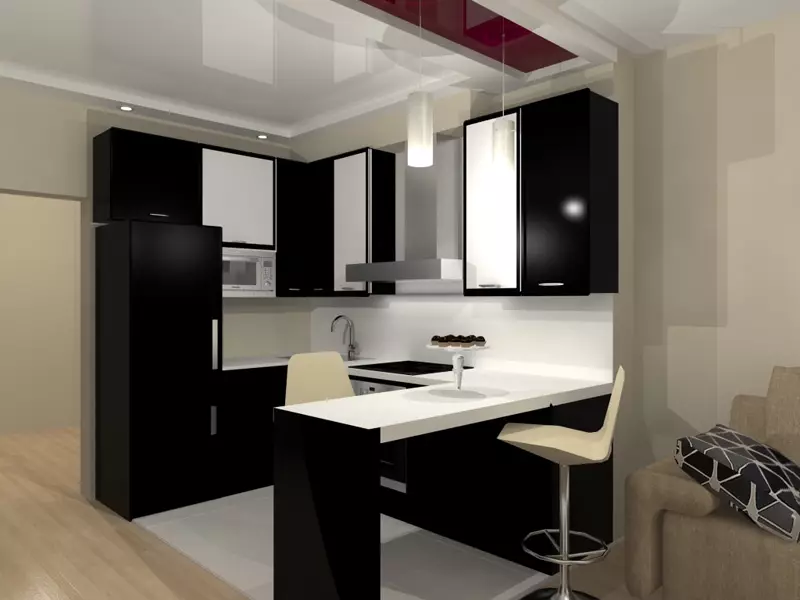 Konyha tervezés egy hálószobás apartman (58 fotó): options tervezéséhez külön konyha a odnushka, egy egyszerű konyha belső egy 1 szobás lakás 9416_12