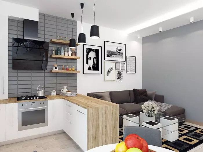 Design kuchyně v apartmánu s 1 ložnicí (58 fotografií): možnosti pro navrhování samostatné kuchyně v Odnushka, jednoduchý interiér kuchyně v 1-pokojový byt 9416_21