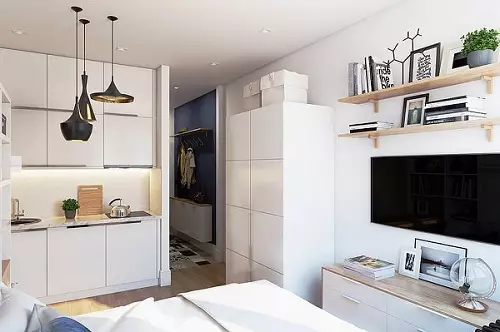 Design kuchyně v apartmánu s 1 ložnicí (58 fotografií): možnosti pro navrhování samostatné kuchyně v Odnushka, jednoduchý interiér kuchyně v 1-pokojový byt 9416_23