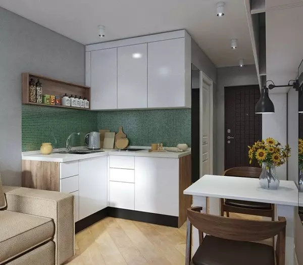 Thiết kế nhà bếp trong căn hộ một phòng ngủ (58 ảnh): Tùy chọn thiết kế một nhà bếp riêng biệt ở Odnushka, một nội thất nhà bếp đơn giản trong một căn hộ 1 phòng 9416_29