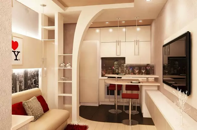 Kuhinjski dizajn u jednom spavaćoj sobi (58 fotografija): Opcije za projektiranje odvojene kuhinje u Odnušci, jednostavna kuhinja unutrašnjost u jednosobnom apartmanu 9416_34