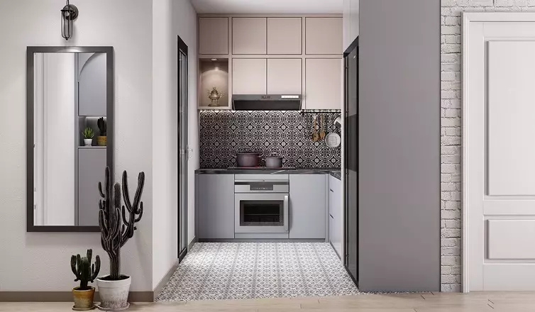 Virtuvės dizainas viename miegamojo apartamentuose (58 nuotraukos): atskiros virtuvės projektavimo parinktys Odnushka, paprastas virtuvės interjeras 1 kambariuose apartamentuose 9416_48
