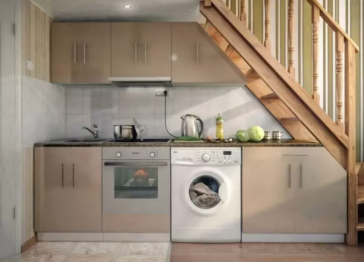 洗濯機付きのキッチン（45枚の写真）：テーブルトップとコーナーキッチンヘッドセットの下の機械。冷蔵庫と小さなキッチンの内部に車を隠す方法は？ 9419_2