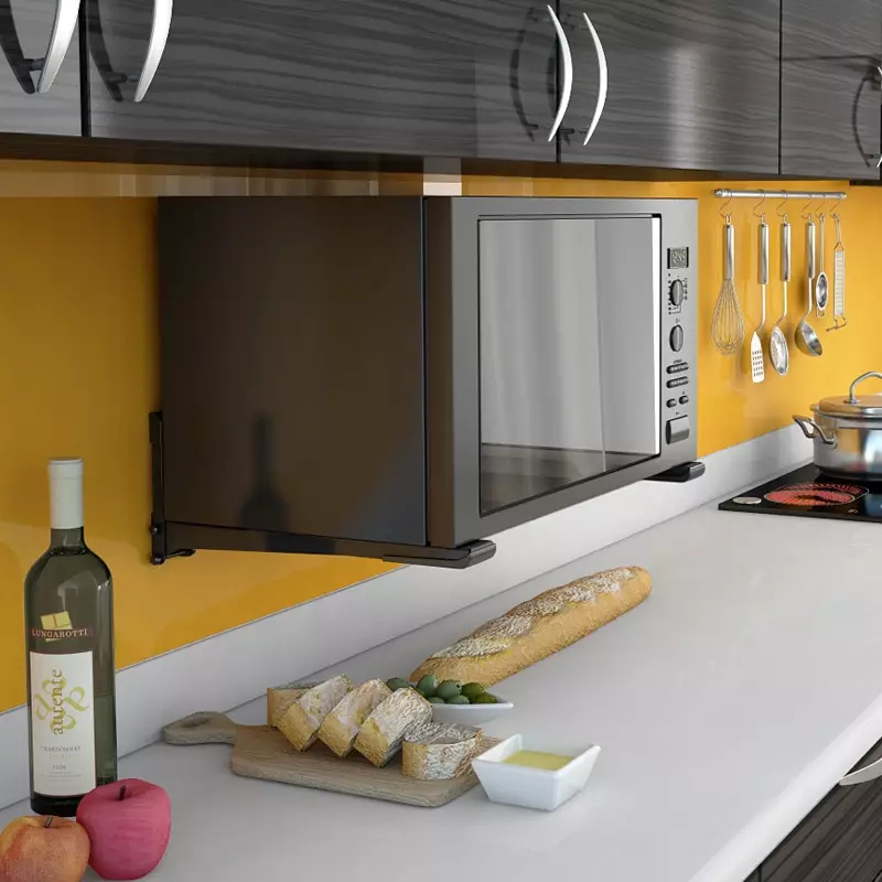 Opcije za postavljanje mikrovalnih pećnica u kuhinji (40 fotografija): Gdje ga staviti na malu kuhinju? Ideje za lokaciju mikrovalne pećnice u kuhinjskim slušalicama 9421_7
