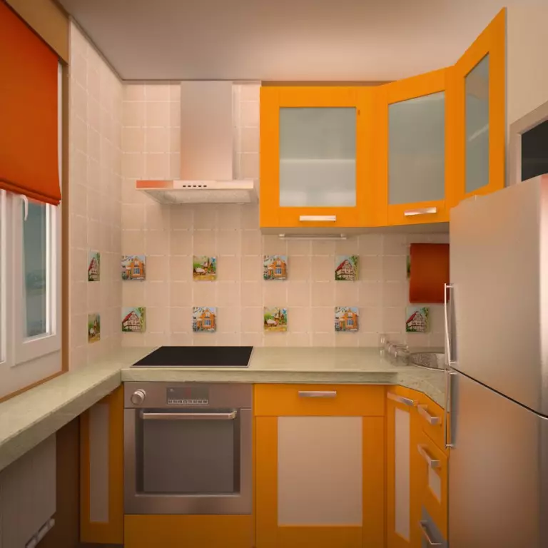 การออกแบบห้องครัวใน Khrushchev 6 ตารางเมตร m ด้วยตู้เย็น (65 รูป): เค้าโครงและห้องครัวภายในขนาด 6 สี่เหลี่ยม 9424_14