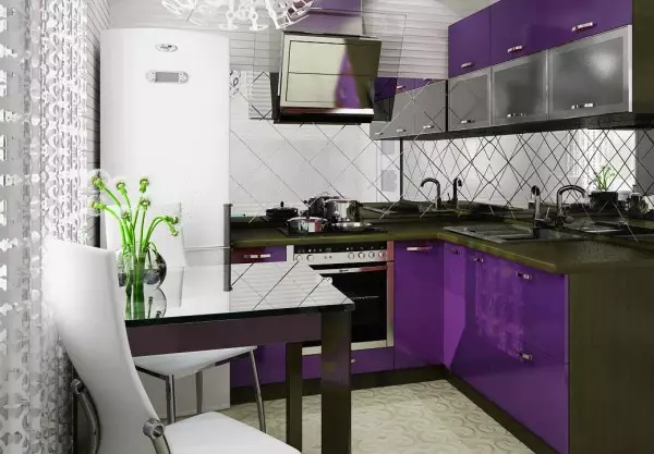 Deseño de cociña en Khrushchev 6 metros cadrados. m con frigorífico (65 fotos): Disposición e cociña de cociña tamaño 6 cadrados 9424_16