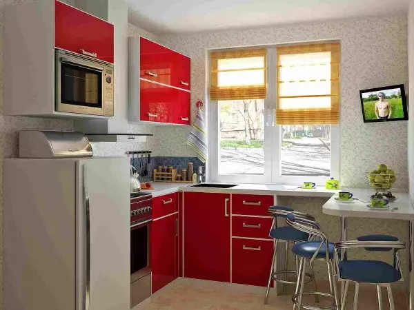 การออกแบบห้องครัวใน Khrushchev 6 ตารางเมตร m ด้วยตู้เย็น (65 รูป): เค้าโครงและห้องครัวภายในขนาด 6 สี่เหลี่ยม 9424_28