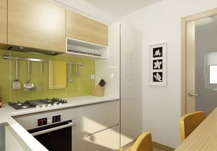 การออกแบบห้องครัวใน Khrushchev 6 ตารางเมตร m ด้วยตู้เย็น (65 รูป): เค้าโครงและห้องครัวภายในขนาด 6 สี่เหลี่ยม 9424_3