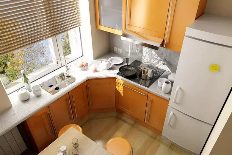 Дизајн кухиње у Кхрушцхев 6 квадратних метара. М са фрижидером (65 фотографија): Изглед и унутрашњост Кухиња Величина 6 квадрата 9424_31