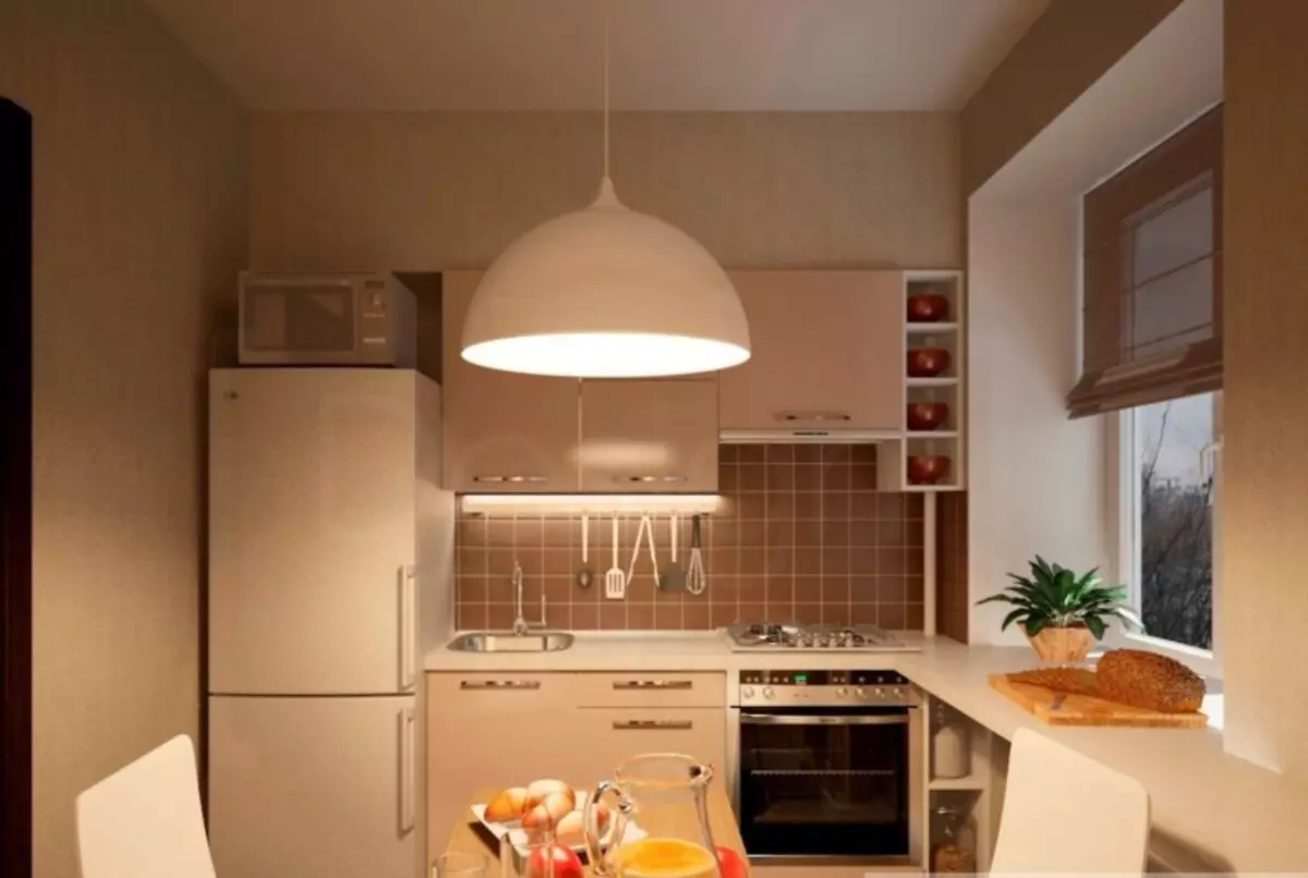 การออกแบบห้องครัวใน Khrushchev 6 ตารางเมตร m ด้วยตู้เย็น (65 รูป): เค้าโครงและห้องครัวภายในขนาด 6 สี่เหลี่ยม 9424_33