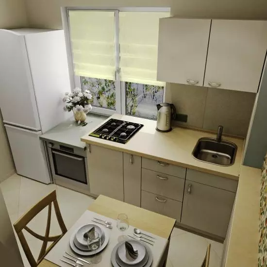 การออกแบบห้องครัวใน Khrushchev 6 ตารางเมตร m ด้วยตู้เย็น (65 รูป): เค้าโครงและห้องครัวภายในขนาด 6 สี่เหลี่ยม 9424_4