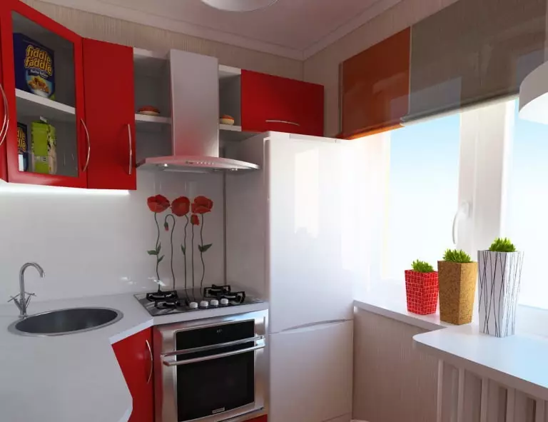 Deseño de cociña en Khrushchev 6 metros cadrados. m con frigorífico (65 fotos): Disposición e cociña de cociña tamaño 6 cadrados 9424_49
