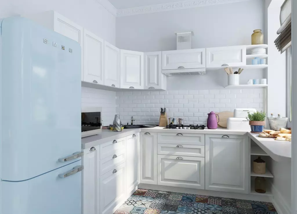Deseño de cociña en Khrushchev 6 metros cadrados. m con frigorífico (65 fotos): Disposición e cociña de cociña tamaño 6 cadrados 9424_50