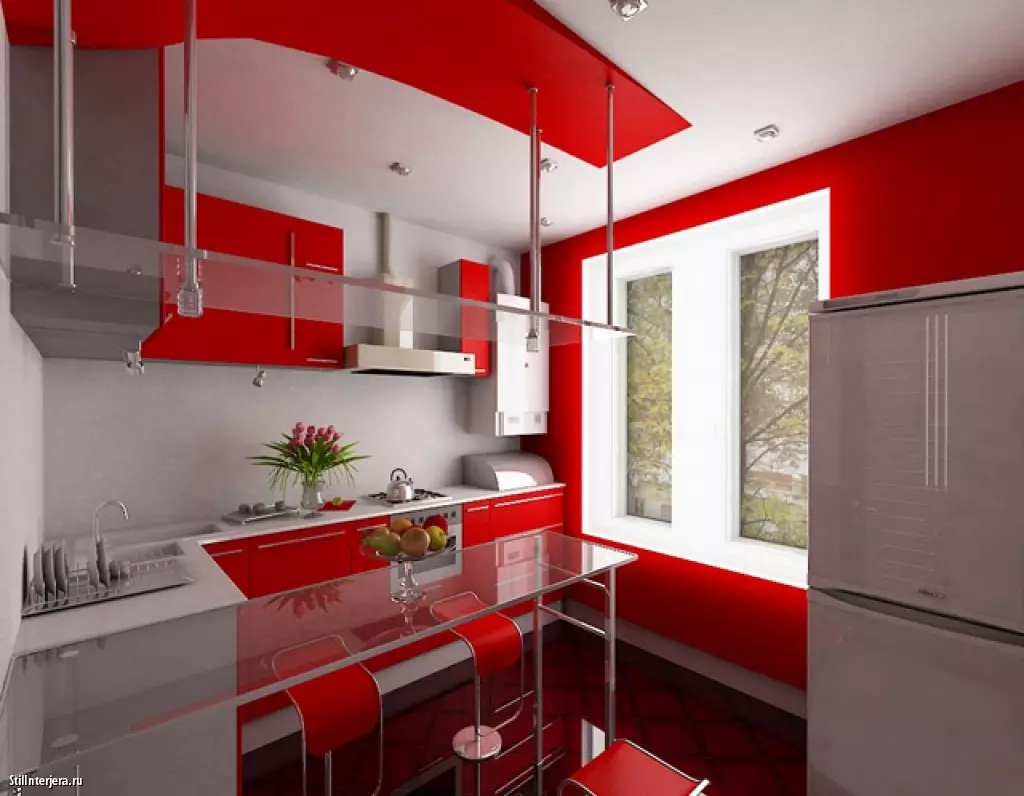 การออกแบบห้องครัวใน Khrushchev 6 ตารางเมตร m ด้วยตู้เย็น (65 รูป): เค้าโครงและห้องครัวภายในขนาด 6 สี่เหลี่ยม 9424_53