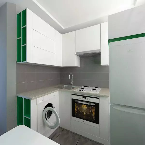 Deseño de cociña en Khrushchev 6 metros cadrados. m con frigorífico (65 fotos): Disposición e cociña de cociña tamaño 6 cadrados 9424_63