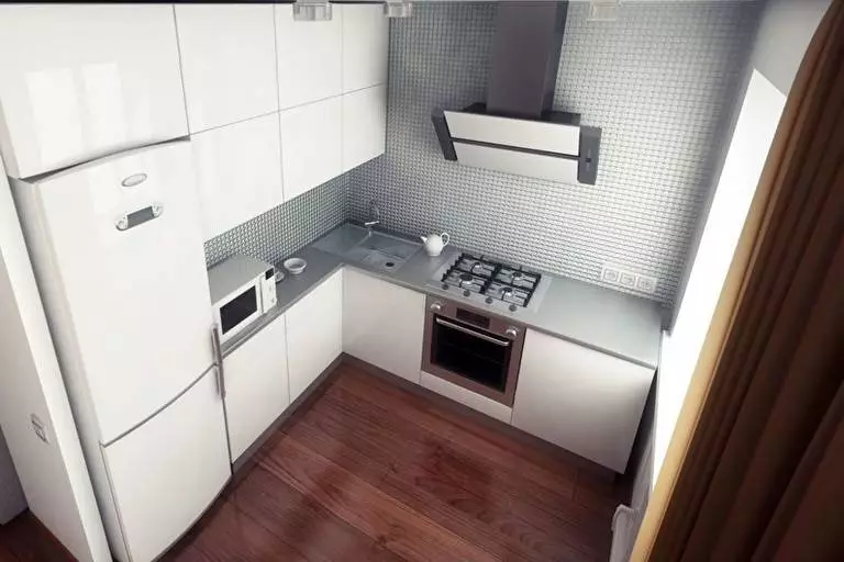 การออกแบบห้องครัวใน Khrushchev 6 ตารางเมตร m ด้วยตู้เย็น (65 รูป): เค้าโครงและห้องครัวภายในขนาด 6 สี่เหลี่ยม 9424_8