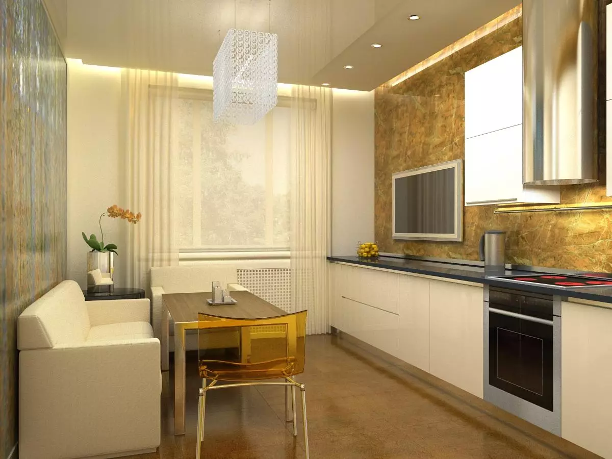 廚房設計9平方米，冰箱（67張照片）：有趣的項目和室內選擇。如何容納必要的家具？ 9432_19