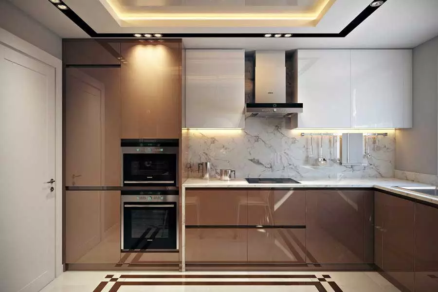 Kuhinjski dizajn 9 četvornih metara s hladnjakom (67 fotografija): zanimljivi projekti i mogućnosti unutarnjih poslova. Kako udovoljiti potrebnim namještajem? 9432_2