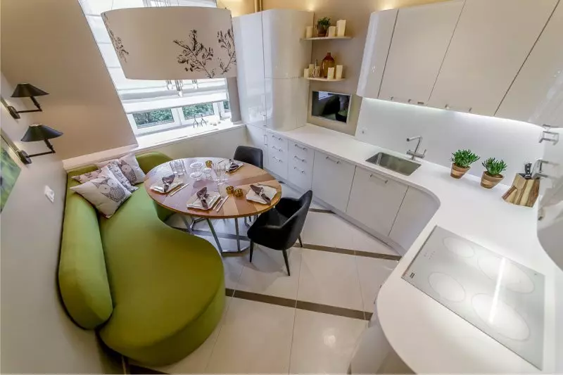 Kuhinjska design 9 kvadratnih metrov s hladilnikom (67 fotografij): zanimivi projekti in možnosti notranje opreme. Kako namestiti potrebno pohištvo? 9432_30