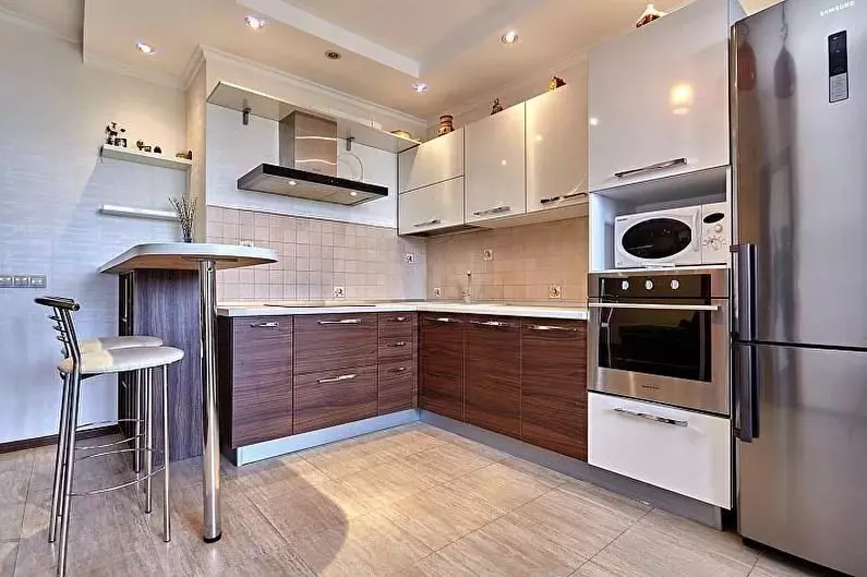 Kuhinjska design 9 kvadratnih metrov s hladilnikom (67 fotografij): zanimivi projekti in možnosti notranje opreme. Kako namestiti potrebno pohištvo? 9432_34