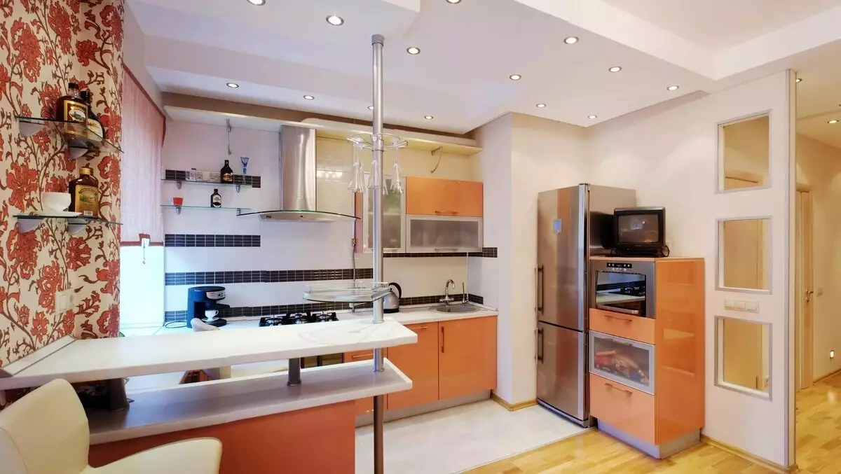Virtuvės dizainas 9 kvadratinių metrų su šaldytuvu (67 nuotraukos): Įdomūs projektai ir interjero parinktys. Kaip pritaikyti būtinus baldus? 9432_5