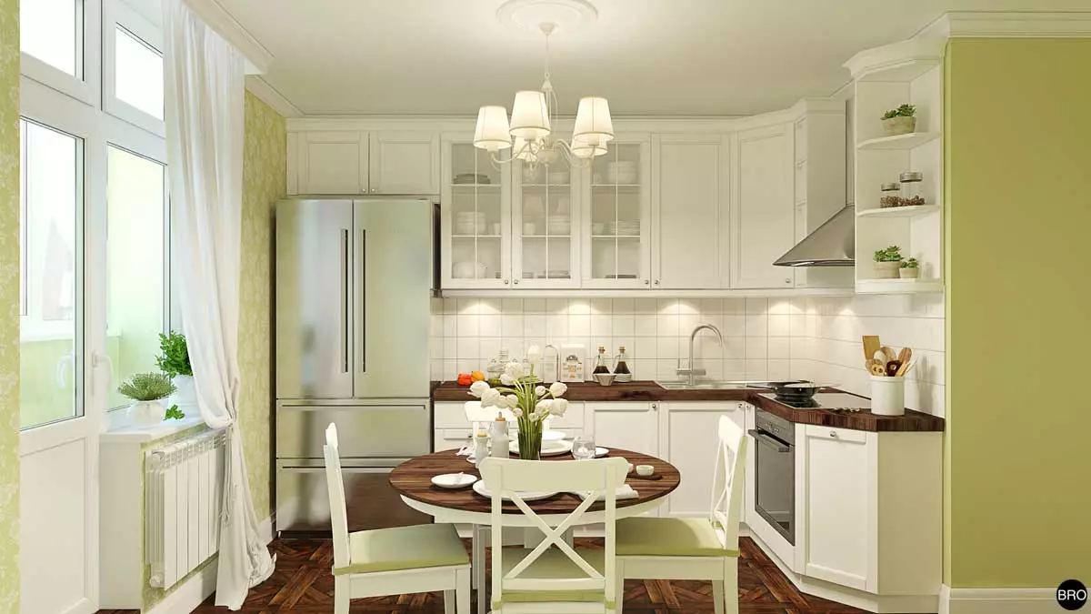 Mutfak tasarımı 9 metrekare buzdolabı (67 fotoğraf): İlginç projeler ve iç seçenekler. Gerekli mobilya nasıl yer alır? 9432_66