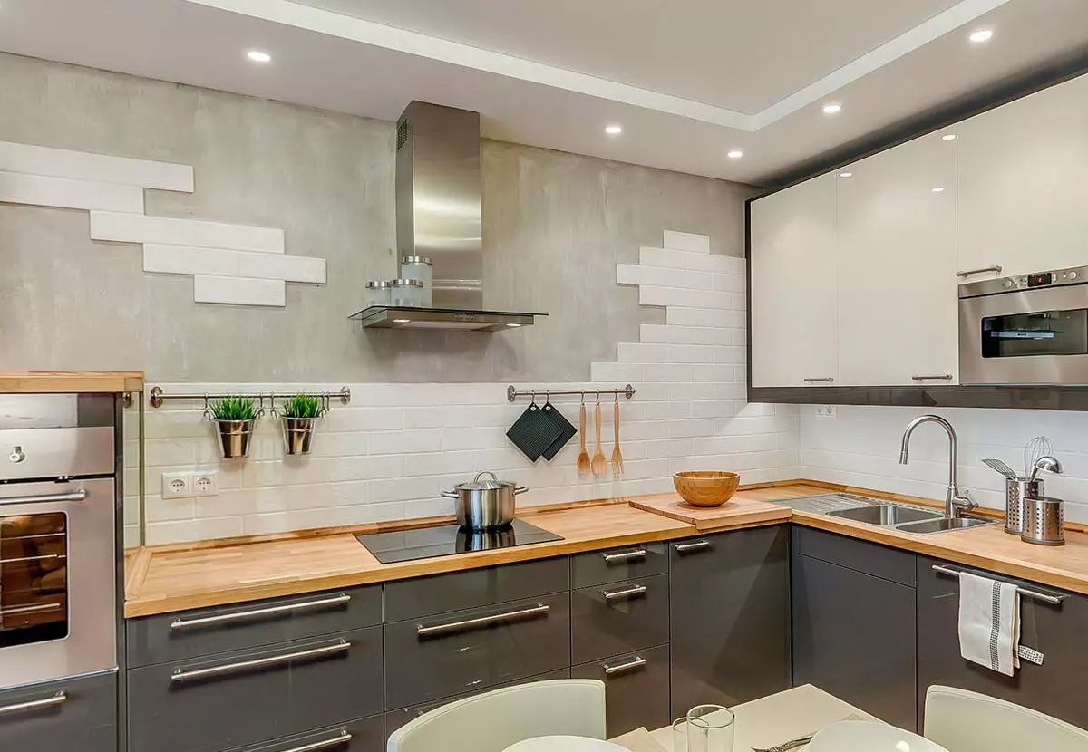 Desain dapur 13 méter pasagi. M (66 poto): Gagasan Perencanaan 13 13 méter pasagi sareng balkon sareng bisuk, dapur internal dina kuadad 10 sareng proyék-kuadrat sanés 9436_23