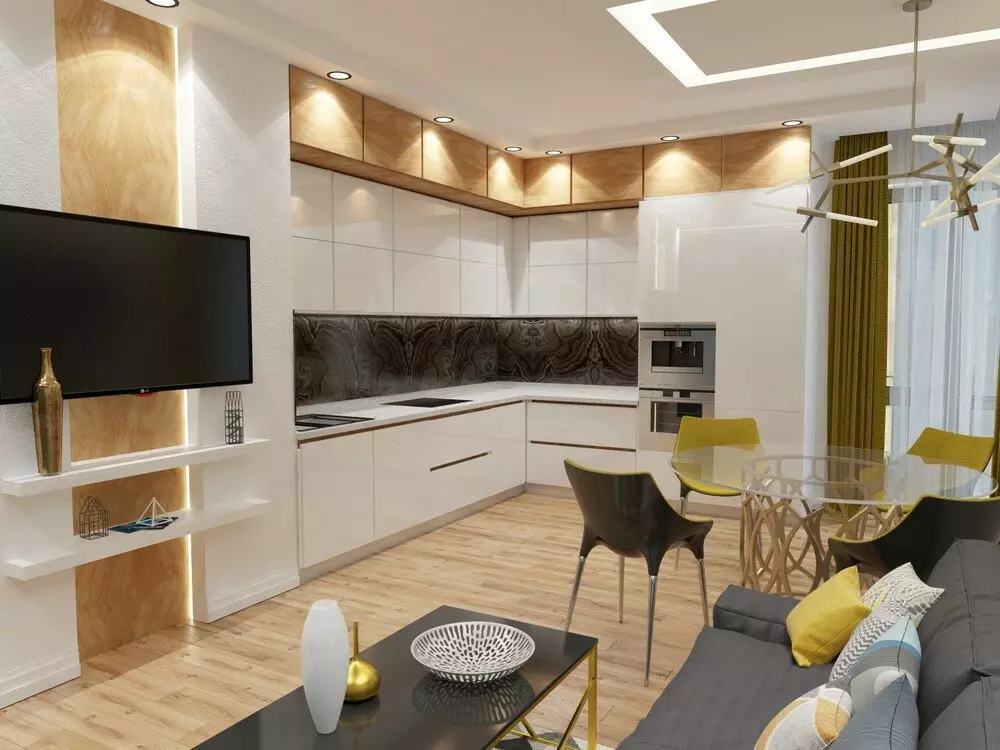 Desain dapur 13 méter pasagi. M (66 poto): Gagasan Perencanaan 13 13 méter pasagi sareng balkon sareng bisuk, dapur internal dina kuadad 10 sareng proyék-kuadrat sanés 9436_31