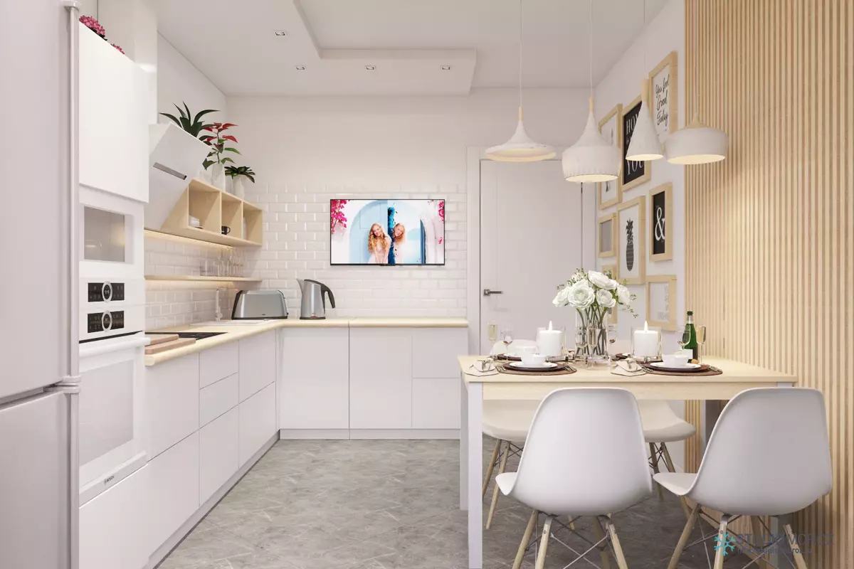 Desain dapur 13 méter pasagi. M (66 poto): Gagasan Perencanaan 13 13 méter pasagi sareng balkon sareng bisuk, dapur internal dina kuadad 10 sareng proyék-kuadrat sanés 9436_6