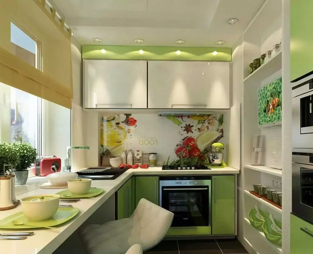 Mutfak tasarımı 6 metrekare. M, Khrushchev (88 fotoğraf): 6 metrekarelik küçük bir odada iç tasarım fikirleri, mutfak boyutları ve düzenleme planı, onarım seçenekleri 9441_2